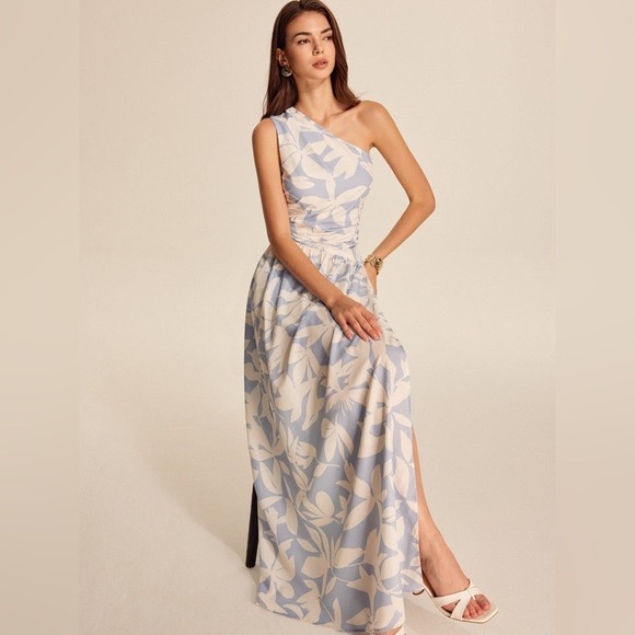 Commense  Blue and‎ Cream One-Shoulder Dress with ruching on the side XS - Picture 2 of 5